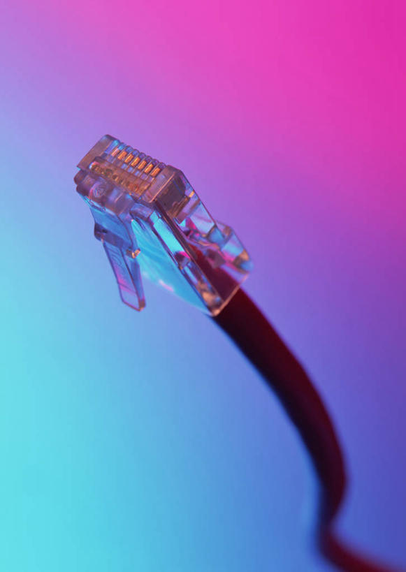 无人,竖图,俯视,室内,特写,白天,通讯,数据,静物,一根,透明,传输,蓝色,紫色,摄影,影棚,网线,水晶头,线缆,理智,沉静,冷色,高深,冷淡,彩图,高角度拍摄,影棚拍摄,拍摄