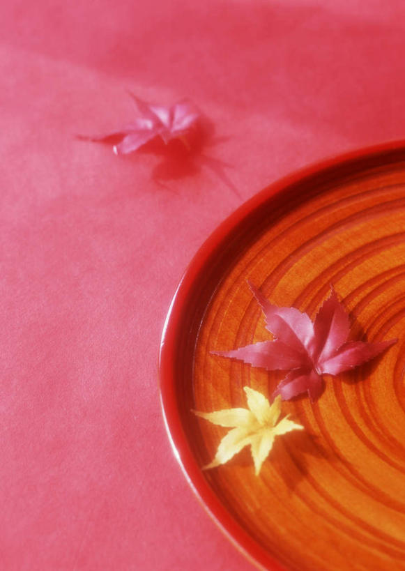 无人,竖图,俯视,室内,特写,白天,餐具,叶子,红色背景,木制,碟子,盘,枫叶,枯叶,落叶,三片,一个,黄色,红色,盘子,木制品,碟,摄影,影棚,单个,枫树叶,叶,叶片,彩图,高角度拍摄,影棚拍摄,拍摄,葡萄槭,藤枫,藤槭