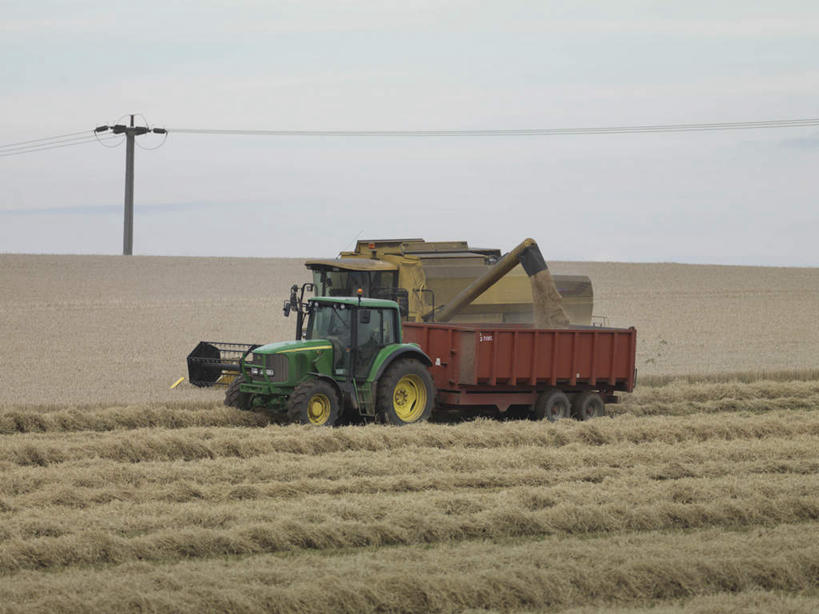 无人,农田,横图,室外,白天,正面,庄稼,农作物,收割,电力,电线,电线杆,工具,线,云,云朵,电能,麦田,线路,云彩,蓝色,白云,蓝天,天空,天,晴朗,电,电源,能量,收割机,农具,脱粒,晴空,彩图,耕地,庄稼田
