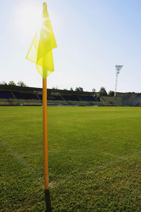 无人,足球场,竖图,室外,白天,正面,草地,草坪,植物,旗帜,旗子,观众席,草,树,树木,一个,蓝色,绿色,蓝天,天空,自然,天,生长,晴朗,单个,成长,绿茵场,万里无云,旌旗,旗号,晴空,晴空万里,彩图,足球比赛场地