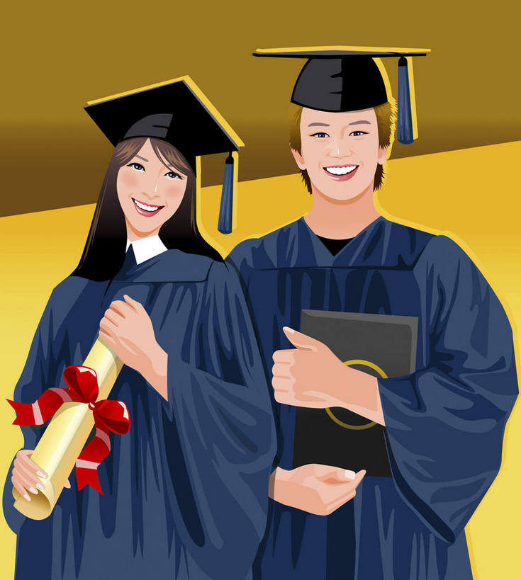 西方人,无人,两个人,学生,站,笑,微笑,竖图,插画,室内,白天,正面,数码,科技,书籍,欧洲,欧洲人,阴影,黄色背景,服装,网络,高光,几何,计算机图形,合成,图画,注视,休闲装,画,衣服,黑色,观察,看,站着,休闲,休闲服,服饰,流苏,观看,电脑合成图,数码合成图,察看,学士帽,毕业,关注,学士服,漫画,写实,具体,具象,垂布,学士袍,男人,男性,年轻男性,年轻女性,女人,女性,白种人,长发,书,图书,站立,半身,彩图,短发