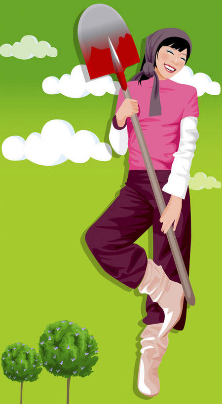 西方人,一个人,无人,站,竖图,插画,室内,白天,正面,数码,科技,欧洲,欧洲人,仅一个年轻女性,仅一个女性,仅一个人,一把,绿色背景,阴影,服装,网络,铲子,工具,云,云朵,高光,几何,计算机图形,拿,合成,云彩,图画,拿着,休闲装,画,衣服,蓝色,白云,蓝天,天空,天,站着,休闲,休闲服,服饰,晴朗,电脑合成图,数码合成图,漫画,写实,具体,具象,年轻女性,女人,女性,白种人,晴空,站立,半身,彩图