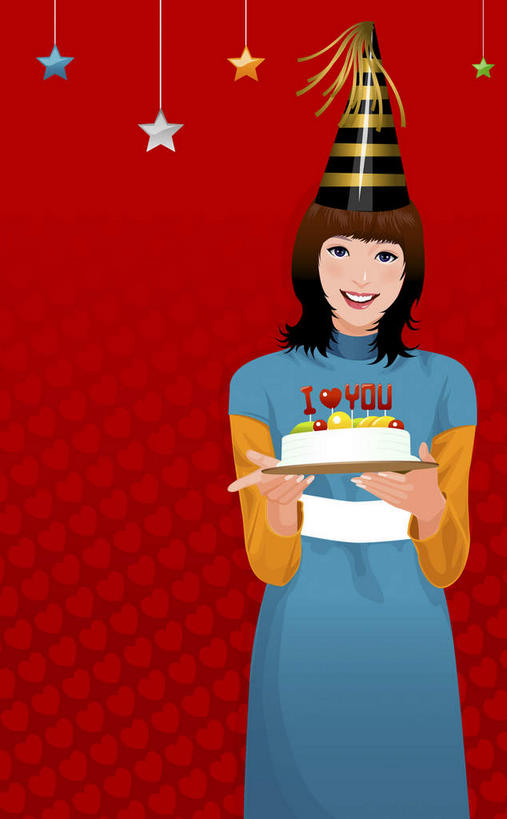 点心,西方人,一个人,无人,站,捧,笑,微笑,竖图,插画,室内,白天,正面,下午茶,数码,科技,帽子,欧洲,欧洲人,仅一个年轻女性,仅一个女性,仅一个人,阴影,纸质,服装,网络,食品,高光,几何,计算机图形,合成,图画,注视,休闲装,生日帽,画,食物,糕点,衣服,红色,观察,看,站着,休闲,休闲服,服饰,观看,电脑合成图,数码合成图,察看,小丑帽,关注,漫画,三角帽,狂欢帽,派对帽,聚会帽,纸帽,写实,具体,具象,年轻女性,女人,女性,白种人,端,端着,捧着,手捧,站立,半身,彩图,蛋糕