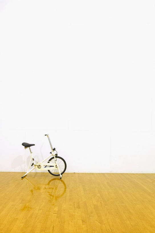 无人,竖图,室内,白天,正面,地板,自行车,静物,一辆,阴影,反射,影子,墙,地面,运动器械,木地板,墙壁,墙面,脚踏车,白色,健身器械,健身器材,动感单车,动感自行车,彩图,运动器材