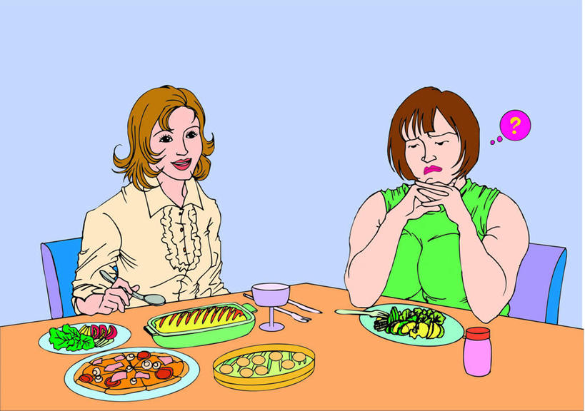 西方人,头发,无人,两个人,伙伴,朋友,坐,笑,摸,吃,微笑,露齿笑,横图,插画,室内,白天,正面,烹饪,西餐,友谊,数码,科技,餐桌,桌子,杯子,餐具,椅子,欧洲,欧洲人,撑,抚摸,阴影,蓝色背景,服装,网络,布料,叉子,瓷器,刀叉,刀子,碟子,勺子,墙,料理,食品,褐色,高光,几何,计算机图形,合成,布纹,图画,注视,休闲装,菜肴,美食,墙壁,墙面,玻璃制品,画,酒瓶,桌布,食物,衣服,黄色,绿色,盘子,玻璃瓶,餐巾,水杯,调羹,台布,低头,观察,看,休闲,休闲服,西式,服饰,佳肴,观看,电脑合成图,数码合成图,察看,撑着,关注,铁勺,漫画,写实,具体,具象,友情,年轻女性,女人,女性,白种人,触摸,接触,嚼,食,坐着,半身,彩图