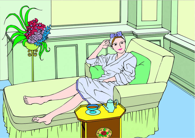 西方人,一个人,无人,坐,笑,微笑,横图,俯视,插画,室内,白天,浴袍,数码,科技,植物,沙发,卧室,欧洲,欧洲人,仅一个年轻女性,仅一个女性,仅一个人,撑,阴影,盛开,网络,盆栽,盆景,高光,几何,计算机图形,合成,花蕾,图画,扭头,注视,画,花,花瓣,花朵,鲜花,绿色,灰色,自然,花苞,花蕊,观察,看,靠,靠着,倚靠,转头,生长,成长,观看,卷发棒,电脑合成图,数码合成图,察看,撑着,倚着,关注,漫画,布艺沙发,写实,具体,具象,年轻女性,女人,女性,白种人,坐着,彩图,高角度拍摄,全身,汤帷子,浴衣,睡房,卧房