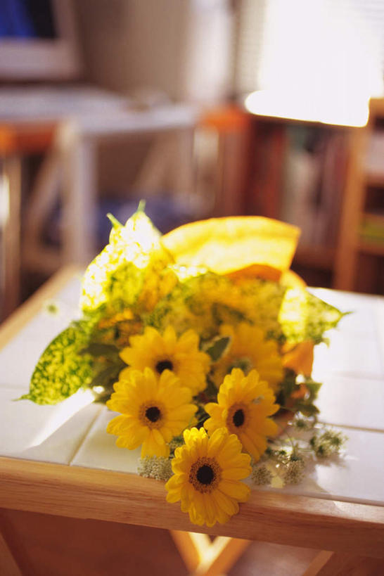 无人,竖图,俯视,室内,特写,白天,桌面,桌子,椅子,许多,阴影,朦胧,模糊,盛开,反射,包装,影子,墙,非洲菊,花蕾,墙壁,墙面,花,花瓣,花朵,鲜花,黄色,花束,花苞,花蕊,菊花,扶郎花,灯盏花,千日菊,彩图,高角度拍摄