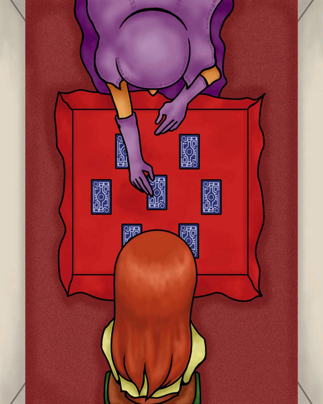 东方人,无人,两个人,坐,竖图,俯视,插画,室内,白天,民族服装,数码,科技,桌子,亚洲,握,阴影,网络,高光,几何,计算机图形,拿,合成,图画,拿着,注视,黄种人,画,看,卡通,可爱,握着,活泼,观看,电脑合成图,数码合成图,关注,塔罗牌,占卜,巫师,漫画,女巫,算命,写实,具体,具象,年轻女性,女人,女性,亚洲人,坐着,半身,彩图,高角度拍摄,传统服装,民俗服