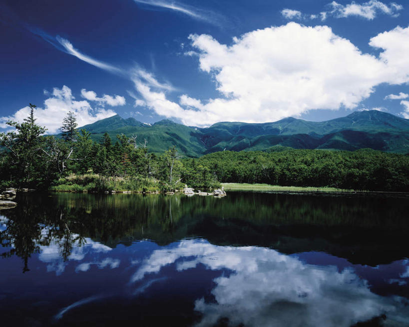 无人,公园,横图,室外,白天,正面,旅游,度假,湖,湖泊,美景,森林,山,山脉,树林,水,植物,北海道,日本,亚洲,阴影,反射,影子,湖面,景观,山峰,水流,水面,云,云朵,山峦,云彩,娱乐,树,树木,蓝色,绿色,白云,倒影,蓝天,天空,自然,湖水,群山,天,享受,休闲,景色,放松,生长,晴朗,成长,国家公园,自然风光,东亚,日本国,北海道地方,北海道岛,知床半岛,知床国家公园,晴空,彩图
