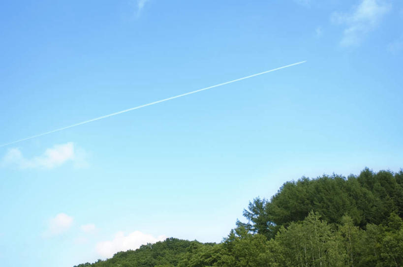 横图,室外,白天,正面,仰视,旅游,度假,美景,植物,景观,烟雾,云,云朵,云彩,娱乐,树,树木,蓝色,绿色,白云,蓝天,天空,自然,天,享受,休闲,景色,放松,生长,晴朗,成长,污染,废气,自然风光,飞机尾迹,尾迹云,机尾云,飞机拉烟,云带,尾迹,机尾迹,飞机尾气,晴空,彩图,低角度拍摄