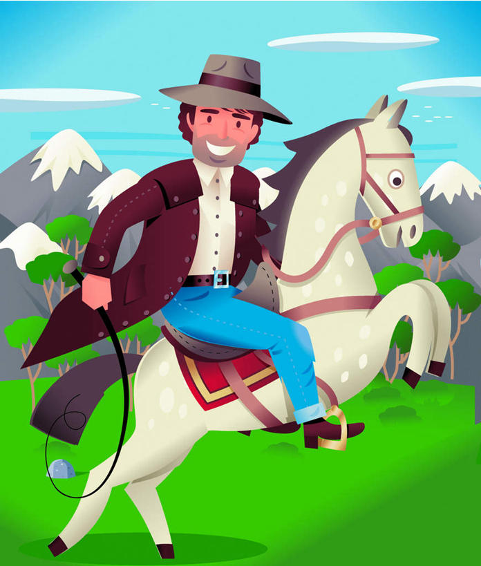 西方人,一个人,无人,坐,笑,微笑,露齿笑,竖图,插画,室内,白天,侧面,数码,科技,草地,草坪,植物,马,野生动物,帽子,欧洲,欧洲人,仅一个男性,仅一个人,仅一个中年男性,握,阴影,网络,云,云朵,高光,几何,计算机图形,拿,合成,云彩,图画,拿着,扭头,注视,画,草,树,树木,蓝色,绿色,白云,蓝天,天空,自然,动物,遮阳帽,天,观察,看,转头,握着,运输,牲畜,生长,成长,观看,电脑合成图,数码合成图,察看,关注,马鞭,鞭子,漫画,写实,具体,具象,男人,男性,中年男性,白种人,坐着,彩图,全身