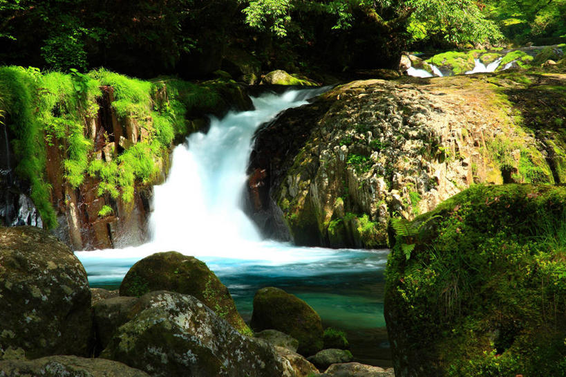 无人,横图,室外,白天,正面,旅游,度假,草地,草坪,河流,美景,瀑布,水,植物,日本,亚洲,阴影,飞溅,溅,光线,液体,影子,河水,景观,水滴,水流,娱乐,水珠,草,树,树木,绿色,小溪,阳光,自然,溪水,享受,休闲,景色,放松,生长,成长,喷洒,自然风光,东亚,日本国,九州本岛,九州,九州岛,九州地方,熊本,熊本县,菊池溪谷,跌水,彩图,菊池市