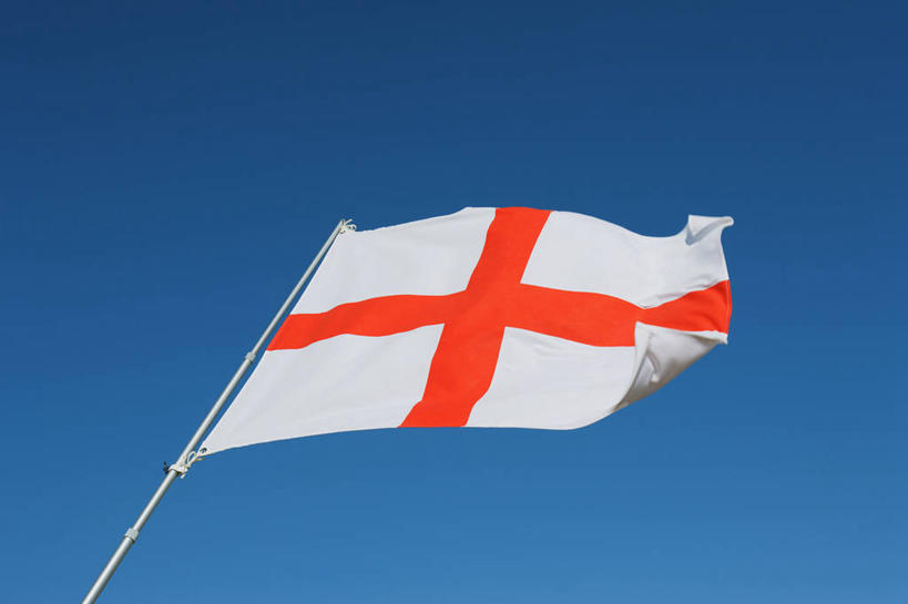 无人,横图,室外,特写,白天,仰视,静物,旗帜,国旗,一面,阴影,飘扬,光线,影子,红色,蓝色,白色,蓝天,天空,阳光,天,晴朗,飘逸,十字,飞扬,万里无云,旗,晴空,晴空万里,彩图,低角度拍摄,圣乔治旗,圣乔治十字旗,英格兰国旗