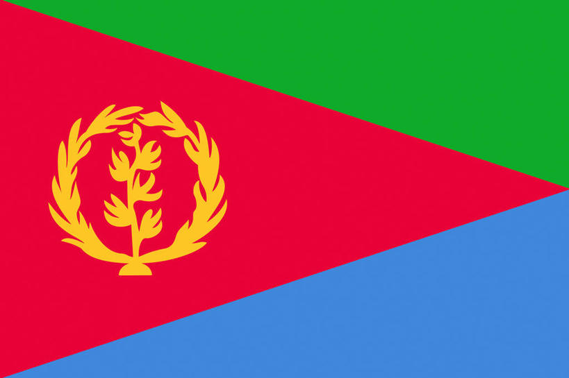 无人,横图,室内,特写,白天,正面,静物,旗帜,国旗,一面,环绕,围绕,圆形,三角形,图形,圆,枝条,几何,环抱,树枝,黄色,红色,蓝色,绿色,橄榄枝,数学,萦绕,虬枝,枝杈,旗,彩图,几何图形,厄立特里亚国旗