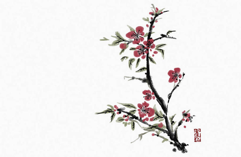 无人,横图,插画,室内,白天,白色背景,正面,数码,科技,植物,叶子,阴影,盛开,网络,纹理,杏花,绿叶,枝条,高光,几何,计算机图形,合成,花蕾,图画,画,花,花瓣,花朵,鲜花,树,树木,树枝,红色,绿色,自然,花苞,花蕊,嫩叶,生长,成长,电脑合成图,数码合成图,合成图,漫画,肌理,写实,具体,具象,虬枝,枝杈,叶,叶片,叶脉,彩图