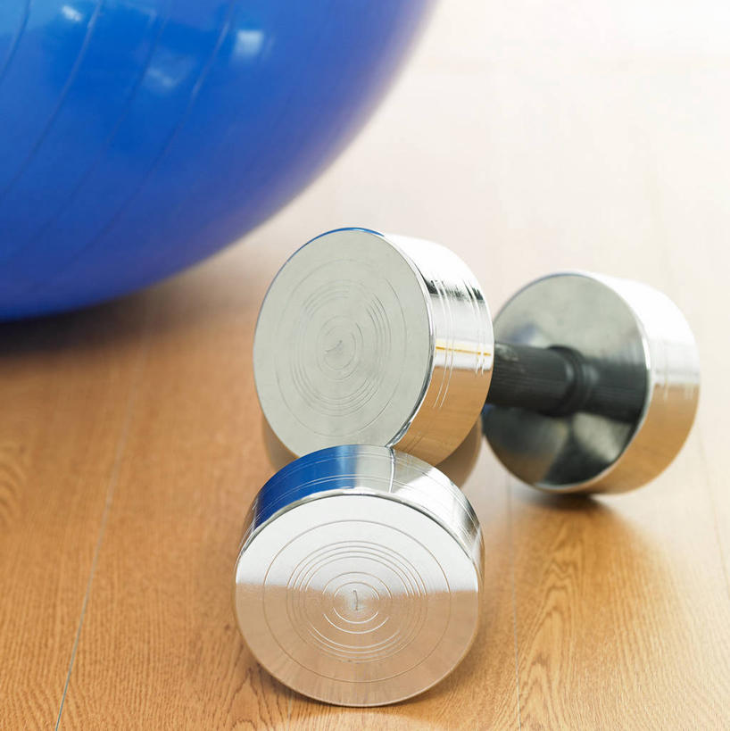 无人,竖图,俯视,室内,特写,白天,地板,静物,哑铃,阴影,反射,影子,地面,运动器械,木地板,两个,蓝色,健身器械,健身球,瑜伽球,健身器材,彩图,高角度拍摄,运动器材