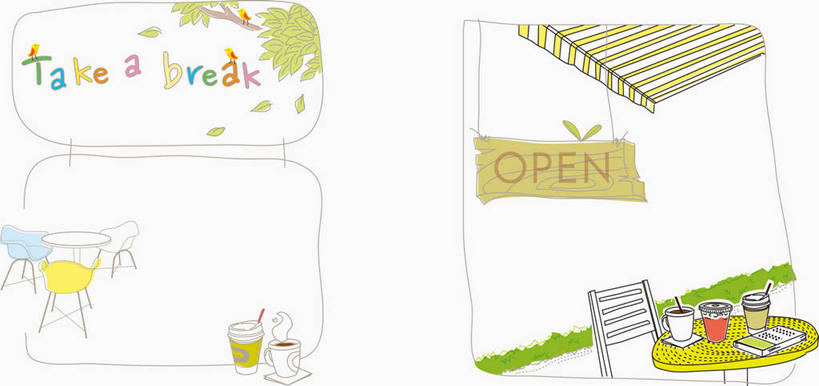 无人,横图,插画,室内,白天,白色背景,正面,数码,科技,草地,草坪,植物,餐桌,桌子,叶子,椅子,阴影,网络,英文,标志,文字,字符,字母,木椅,绿叶,枝条,高光,几何,计算机图形,合成,图画,标识,画,草,树,树木,树枝,绿色,自然,嫩叶,生长,成长,餐台,英文字母,电脑合成图,数码合成图,合成图,咖啡店,咖啡屋,漫画,写实,具体,具象,虬枝,枝杈,叶,叶片,彩图,咖啡馆