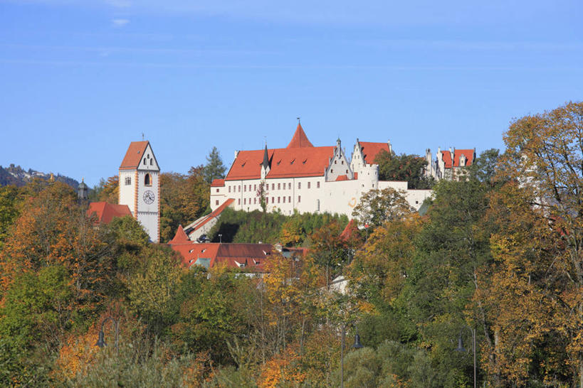 无人,横图,室外,白天,正面,旅游,度假,名胜古迹,山,山脉,树林,植物,标志建筑,地标,建筑,德国,欧洲,阴影,遗迹,光线,影子,堡垒,城堡,山峰,山峦,古迹,文物,娱乐,建设,古建筑,树,树木,蓝色,绿色,蓝天,天空,阳光,自然,群山,天,享受,休闲,旅游胜地,放松,生长,晴朗,成长,西欧,要塞,古文明,万里无云,德意志联邦共和国,首府,巴伐利亚,巴伐利亚州,拜恩州,拜恩自由州,设防,符兹堡,维尔茨堡,维尔茨堡县,乌兹堡,晴空,晴空万里,彩图,菲森