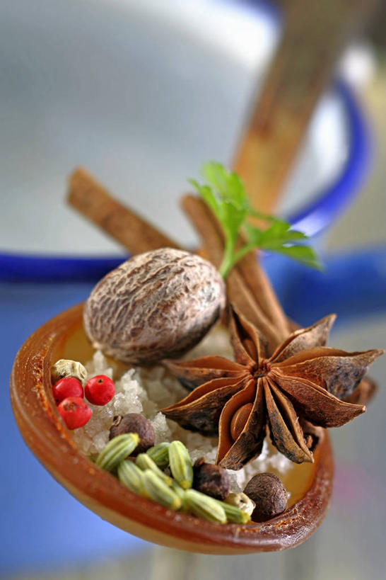 无人,竖图,俯视,室内,特写,白天,植物,餐桌,桌子,一堆,阴影,堆叠,堆积,朦胧,模糊,反射,影子,勺子,陶瓷,调料,调味,香料,盐,佐料,草药,药草,陶瓷制品,调味品,调味料,中药,食盐,两个,容器,调羹,汤匙,碗,茴香,餐台,储藏,堆,八角,八角茴香,大茴香,肉豆蔻,储存,药材,中草药,肉蔻,肉果,玉果,中药材,本草,八月珠,舶茴香,大料,作料,消食,彩图,高角度拍摄,贮存