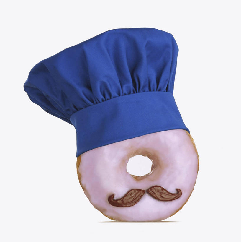 点心,面包,胡须,竖图,室内,特写,白天,白色背景,正面,帽子,阴影,反射,影子,食品,面点,食物,糕点,一个,蓝色,甜甜圈,摄影,影棚,单个,厨师帽,多纳滋面包,唐纳滋,胡子,小胡子,面包圈,半身,彩图,影棚拍摄,拍摄