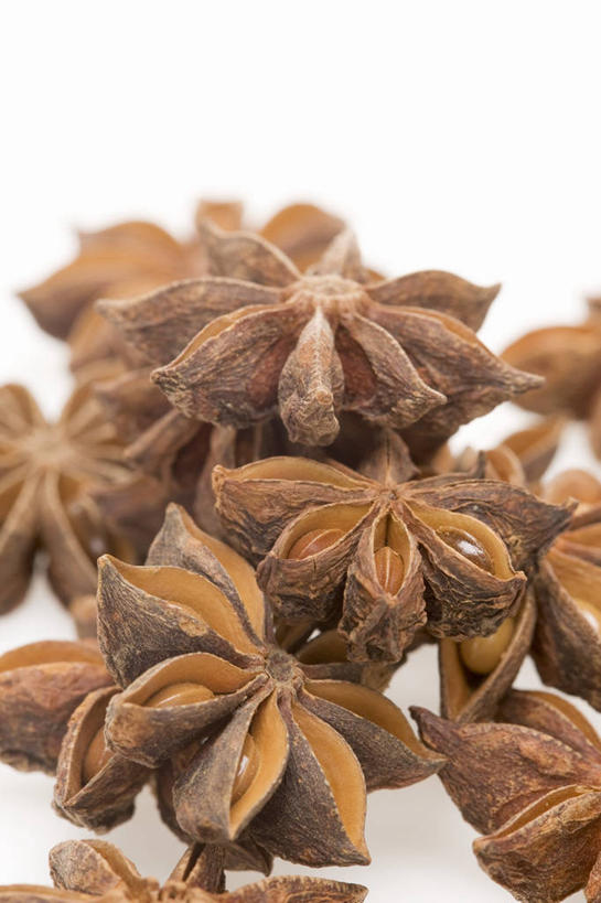 无人,竖图,俯视,室内,特写,白天,白色背景,餐桌,桌子,一堆,许多,阴影,堆叠,堆积,反射,影子,调味,香料,佐料,茴香,摄影,影棚,餐台,堆,八角,八角茴香,大茴香,八月珠,舶茴香,大料,作料,彩图,高角度拍摄,影棚拍摄,拍摄