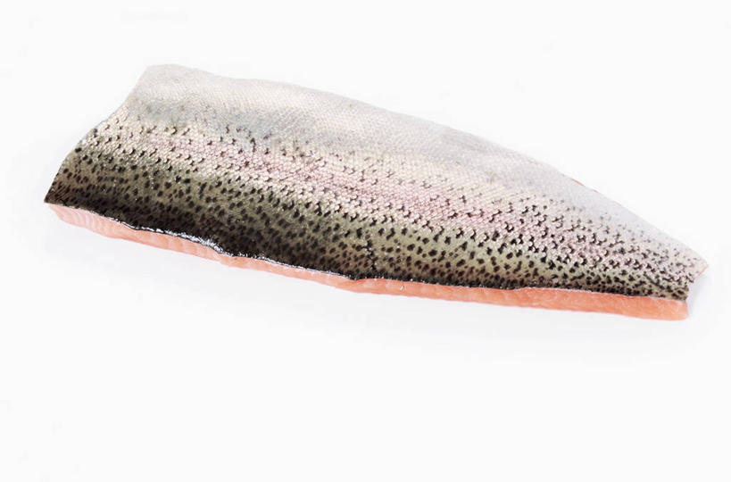 无人,横图,俯视,室内,特写,白天,白色背景,餐桌,桌子,鳟鱼,一片,阴影,反射,影子,肉,鱼肉,肉类,摄影,影棚,餐台,肉食,鮅,赤眼鱼,红目鳟,红眼棒,野草鱼,彩图,高角度拍摄,影棚拍摄,拍摄