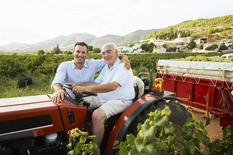 西方人,两个人,家庭,父亲,儿子,果园,坐,抱,笑,微笑,露齿笑,横图,室外,白天,正面,衬衫,农业,草地,草坪,山,田园,植物,汽车,葡萄,水果,欧洲,欧洲人,一辆,停靠,阴影,服装,新鲜,光线,影子,山峰,生食,食品,果实,山峦,注视,休闲装,葡萄园,架子,车,草,食物,衣服,红色,绿色,阳光,庄园,交通工具,观察,看,休闲,温暖,温馨,父子,一家人,休闲服,机械,父爱,服饰,有机食品,绿色食品,抱着,观看,支撑,固定,和睦,察看,搂着,关注,载具,拖拉机,葡萄架,交通运输,农用机械,老年男性,男人,男性,中年男性,白种人,山葫芦,蒲桃,草龙珠,搂,坐着,半身,彩图,衬衣,融洽