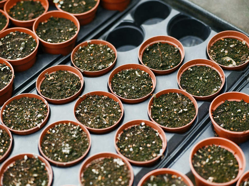 无人,横图,俯视,室外,特写,白天,植物,一排,许多,整齐,盆栽,泥土,土壤,盆景,很多,排列,绿色,自然,生长,成长,队列,彩图,高角度拍摄