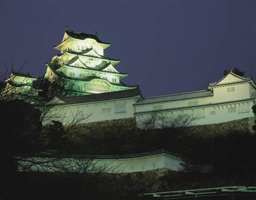 无人,横图,室外,夜晚,仰视,旅游,度假,名胜古迹,植物,标志建筑,地标,建筑,日本,亚洲,阴影,遗迹,光线,影子,堡垒,城堡,墙,灯光,古迹,文物,娱乐,建设,古建筑,墙壁,墙面,树,树木,绿色,自然,享受,休闲,旅游胜地,放松,生长,成长,要塞,古文明,东亚,本州,世界文化遗产,本州岛,日本国,近畿地方,姬路城,近畿,兵库,兵库县,白鹭城,姬路,姬路市,设防,彩图,低角度拍摄