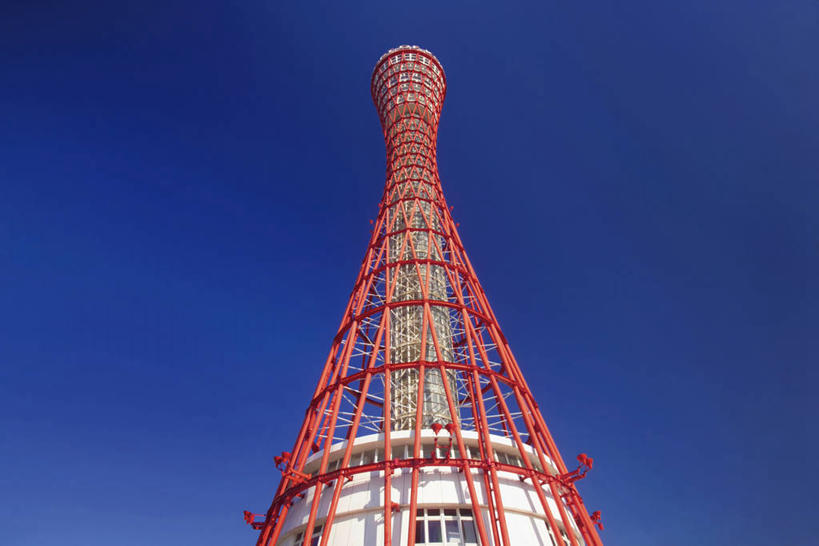 无人,横图,室外,白天,仰视,旅游,度假,标志建筑,地标,建筑,日本,亚洲,阴影,光线,影子,塔,娱乐,建设,红色,蓝色,蓝天,天空,阳光,天,享受,休闲,旅游胜地,放松,晴朗,东亚,观光塔,本州,万里无云,本州岛,日本国,近畿地方,近畿,兵库,兵库县,神户,神户港,神户港口塔,神户市,神戸,县厅,神戸市,晴空,晴空万里,彩图,低角度拍摄,神户港塔