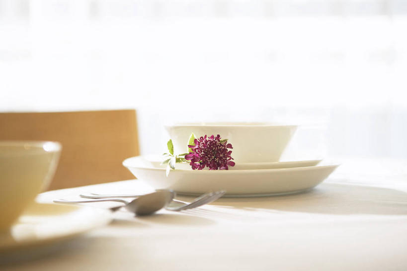 无人,横图,室内,特写,白天,正面,餐桌,桌子,餐具,椅子,阴影,朦胧,模糊,反射,叉子,碟子,盘,影子,勺子,陶瓷,陶瓷制品,一个,盘子,容器,调羹,碟,汤匙,碗,单个,餐台,储藏,储存,餐叉,进餐用具,彩图,贮存