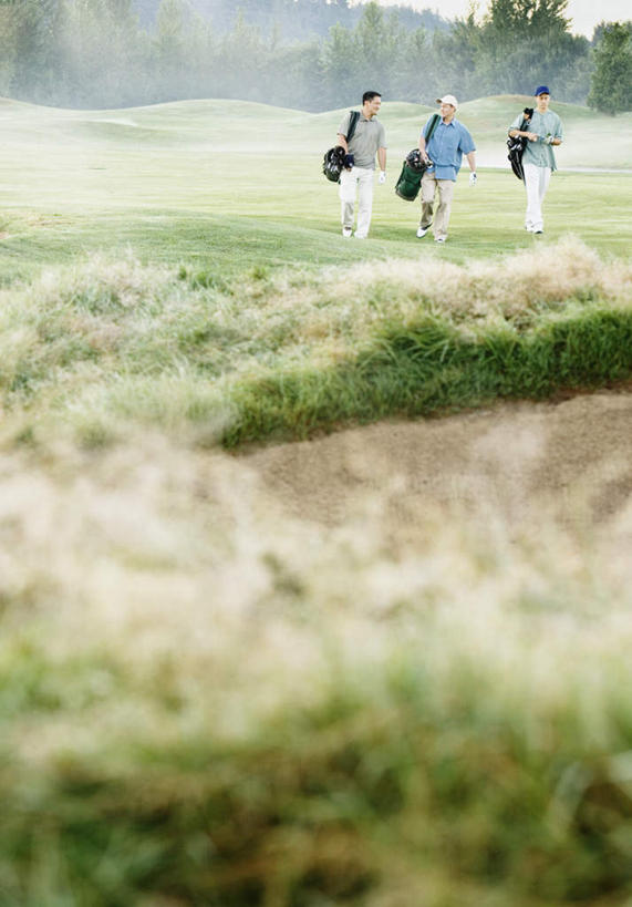 西方人,背,三个人,站,笑,微笑,露齿笑,竖图,室外,白天,正面,草地,草坪,植物,雾,帽子,欧洲,欧洲人,撑,戴,朦胧,模糊,高尔夫,高尔夫球,击球,包,球袋,球杆,休闲装,高尔夫球场,草,绿色,背着,站着,休闲,休闲服,单肩包,钉耙,耙子,撑着,男人,男性,年轻男性,白种人,大雾,彩图,全身