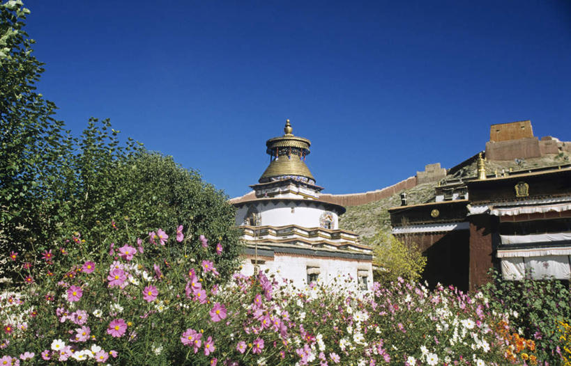 无人,寺庙,横图,室外,白天,仰视,旅游,度假,山,山脉,标志建筑,地标,建筑,中国,亚洲,阴影,盛开,光线,影子,山峰,塔,山峦,花蕾,娱乐,建设,宝塔,西藏,花,花瓣,花朵,鲜花,蓝色,蓝天,天空,阳光,庙宇,群山,天,花苞,花蕊,享受,休闲,旅游胜地,放松,晴朗,藏,东亚,西藏自治区,日喀则,日喀则市,万里无云,中华人民共和国,西南地区,浮图,浮屠,江孜,江孜县,晴空,晴空万里,彩图,低角度拍摄,庙,寺