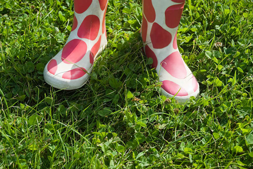 无人,横图,俯视,室外,特写,白天,草地,草坪,植物,鞋子,阴影,光线,影子,雨鞋,雨靴,斑点,靴子,草,红色,绿色,阳光,胶鞋,彩图,高角度拍摄