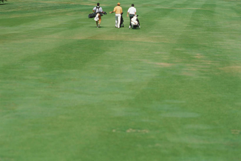 西方人,三个人,伙伴,朋友,站,走,横图,室外,白天,正面,锻炼,友谊,运动,欧洲,欧洲人,球场,拿,拿着,高尔夫球场,站着,绿茵场,高尔夫球杆包,高尔夫拉杆箱,高尔夫拉杆包,体育,友情,男人,男性,中年男性,白种人,步行,散步,站立,走路,彩图,全身,健身