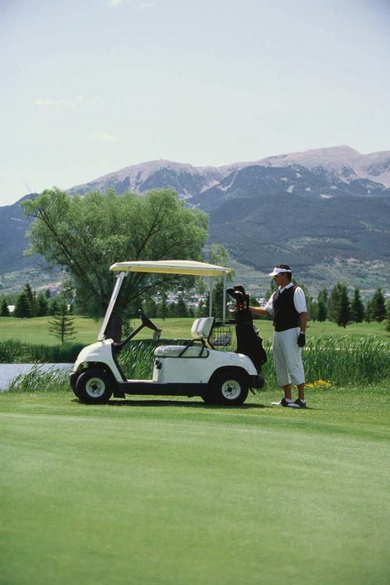 西方人,两个人,伙伴,朋友,站,竖图,室外,白天,正面,友谊,草地,草坪,山,植物,欧洲,欧洲人,山峰,山峦,草,树,树木,蓝色,绿色,蓝天,天空,自然,交通工具,天,站着,生长,成长,高尔夫车,高尔夫球车,高尔夫观光车,高尔夫用品,友情,男人,男性,中年男性,白种人,站立,半身,彩图