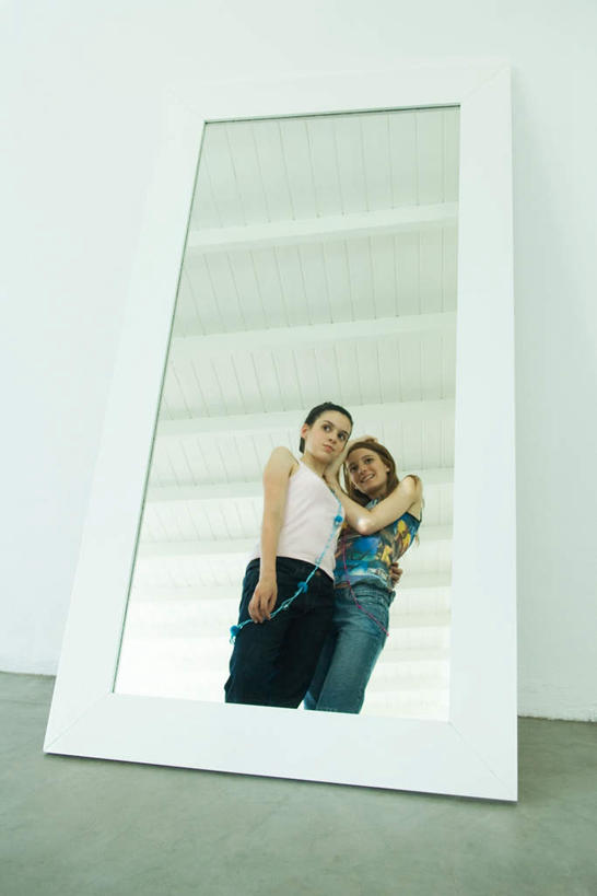 西方人,两个人,站,抱,笑,微笑,露齿笑,竖图,室内,白天,仰视,地板,镜子,欧洲,欧洲人,一块,撑,服装,墙,地面,注视,休闲装,木地板,墙壁,墙面,衣服,观察,看,站着,休闲,休闲服,服饰,抱着,观看,镜像,察看,撑着,搂着,镜面,关注,年轻女性,女人,女性,白种人,搂,站立,半身,彩图,低角度拍摄