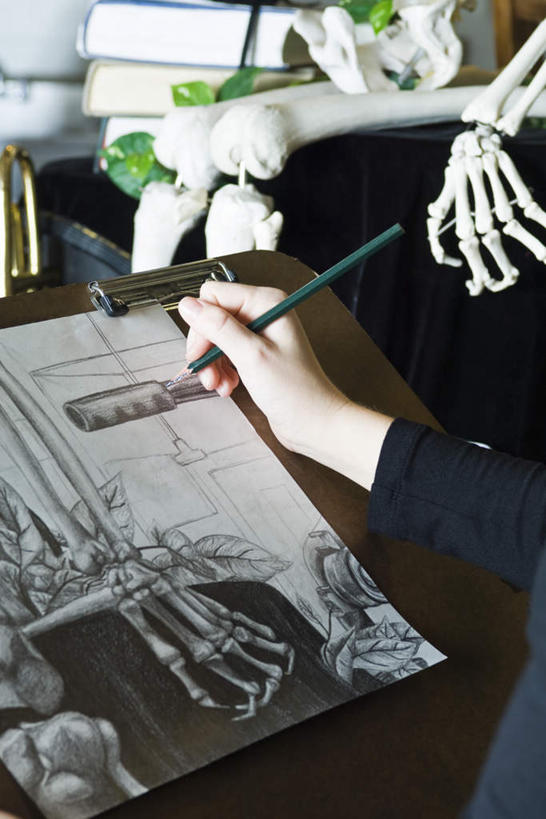 西方人,一个人,坐,竖图,俯视,室内,白天,欧洲,欧洲人,仅一个年轻女性,仅一个女性,仅一个人,握,艺术,人造模特,画板,拿,拿着,注视,铅笔,观察,看,握着,道具,观看,一支,骨架,察看,关注,模特道具,时装道具,展示道具,陈列道具,素描簿,年轻女性,女人,女性,白种人,坐着,半身,彩图,高角度拍摄