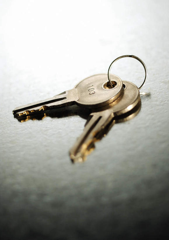 无人,竖图,俯视,室内,特写,白天,白色背景,安全,桌面,桌子,静物,阴影,反射,光线,金属,影子,钥匙,两把,两个,金色,摄影,影棚,金黄色,保护,开启,保险,彩图,高角度拍摄,影棚拍摄,拍摄