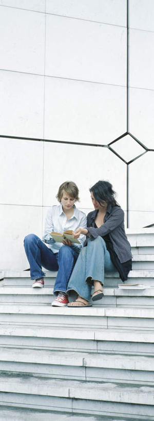 西方人,两个人,伙伴,朋友,坐,竖图,室外,白天,正面,友谊,楼梯,书籍,欧洲,欧洲人,阶梯,墙,拿,拿着,注视,墙壁,墙面,台阶,观察,看,观看,察看,关注,友情,年轻女性,女人,女性,白种人,书,图书,坐着,彩图,全身