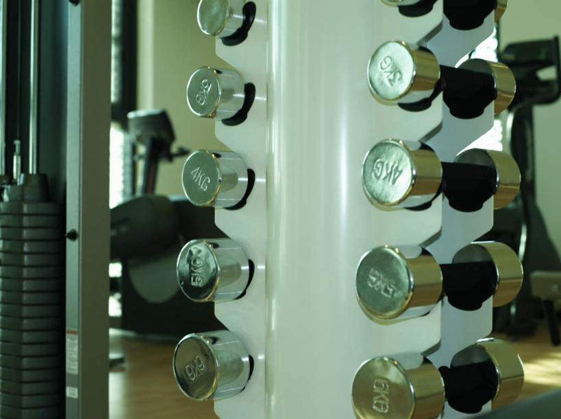 无人,健身房,横图,室内,特写,白天,正面,窗户,地板,落地窗,静物,哑铃,金属制品,一排,许多,朦胧,模糊,整齐,金属,墙,地面,运动器械,木地板,玻璃窗,架子,墙壁,墙面,排列,白色,健身器械,队列,健身器材,彩图,健身馆,运动器材,跑步机