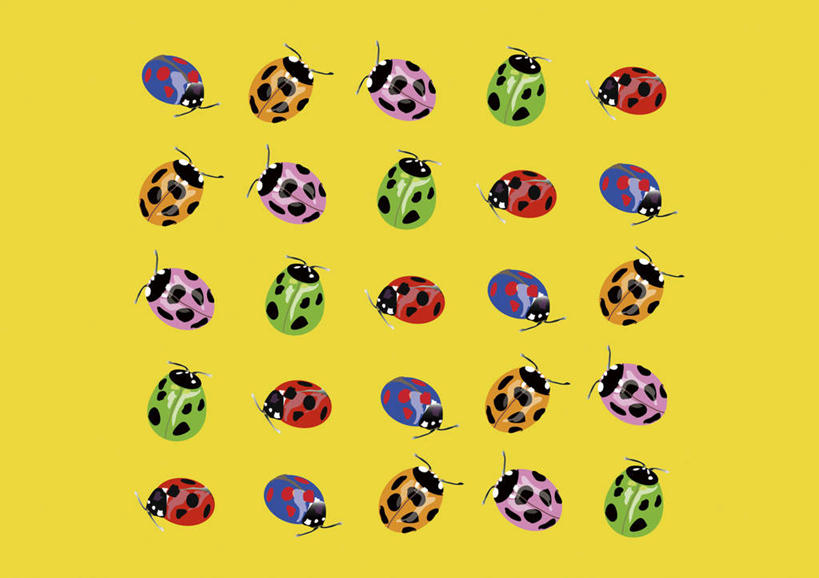 无人,横图,彩色,插画,室内,白天,正面,数码,科技,野生动物,瓢虫,一排,阴影,黄色背景,整齐,网络,甲壳虫,高光,几何,计算机图形,合成,图画,画,排列,粉色,黄色,红色,绿色,动物,爬,可爱,活泼,电脑合成图,数码合成图,队列,漫画,写实,具体,具象,七星瓢虫,彩图
