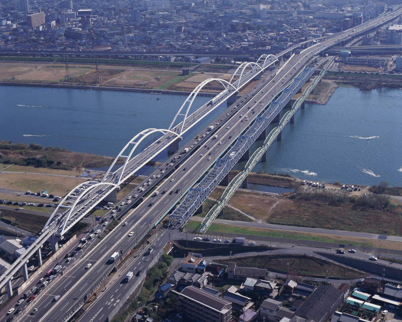 无人,横图,俯视,航拍,室外,白天,度假,运输业,河流,美景,水,城市风光,城市,大桥,立交桥,桥梁,日本,亚洲,河水,景观,水流,高架,桥,交通,速度,娱乐,享受,休闲,景色,放松,运输,大阪,鸟瞰,东亚,本州,大阪府,本州岛,日本国,近畿地方,近畿,彩图,高角度拍摄