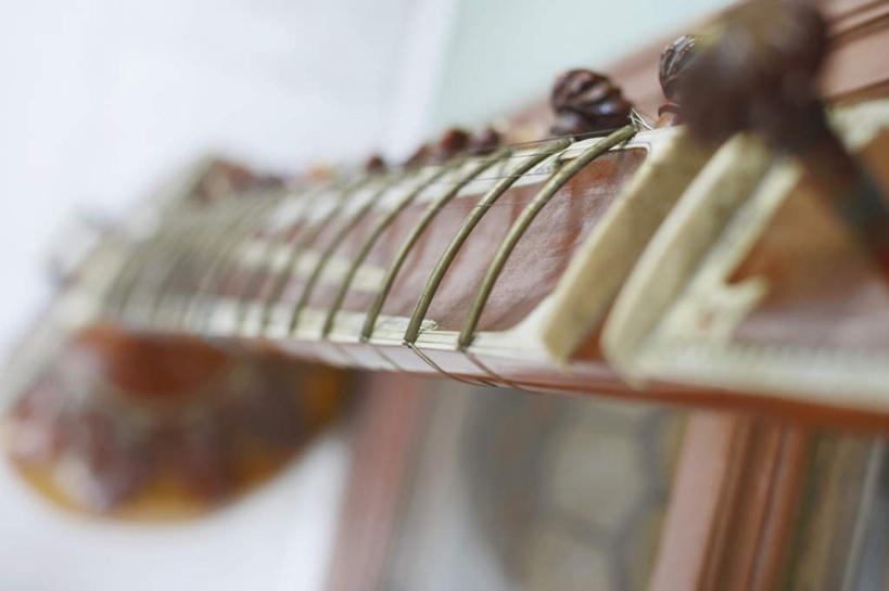 无人,横图,室内,特写,白天,白色背景,正面,静物,阴影,朦胧,模糊,反射,影子,墙,乐器,弦乐器,墙壁,墙面,白色,摄影,影棚,弓拉弦乐器,弓拉弦鸣乐器,西塔尔,西塔琴,锡塔尔琴,彩图,影棚拍摄,拍摄