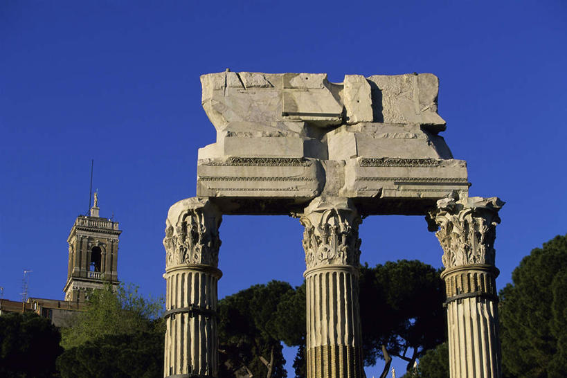 无人,横图,室外,白天,仰视,旅游,度假,石头,名胜古迹,植物,标志建筑,地标,建筑,意大利,欧洲,阴影,遗迹,光线,石子,影子,柱子,古迹,文物,娱乐,建设,古建筑,废墟,树,树木,蓝色,绿色,蓝天,天空,阳光,自然,天,享受,休闲,旅游胜地,放松,生长,晴朗,成长,拉齐奥,南欧,古文明,古罗马广场,万里无云,意大利共和国,拉齐奥大区,古罗马市场,露天博物馆,石块,岩石,晴空,晴空万里,彩图,低角度拍摄