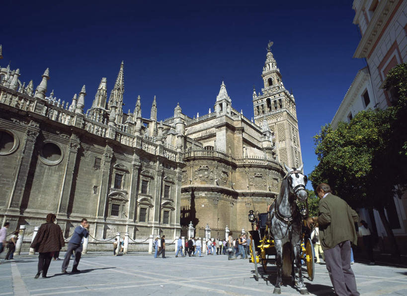 西方人,家,教堂,走,横图,室外,白天,仰视,旅游,度假,植物,标志建筑,地标,建筑,马,野生动物,西班牙,欧洲,欧洲人,行人,游客,游人,阴影,服装,节日,光线,影子,房屋,墙,屋子,马车,许多人,文化,娱乐,建设,楼房,安达卢西亚,塞维利亚,塞维利亚大教堂,路人,旅客,墙壁,墙面,住宅,车,树,树木,祈愿,衣服,蓝色,绿色,蓝天,天空,阳光,自然,动物,交通工具,天,祈祷,一群人,享受,休闲,健康,旅游胜地,放松,许愿,运输,宗教,服饰,牲畜,信仰,生长,晴朗,成长,纪念,祈求,信号,基督教,衣着,穿着,南欧,天主教,载具,安达鲁西亚,报时,信念,万里无云,首府,西班牙王国,召集,安达卢西亚自治区,衣饰,过客,鸣钟,平安,男人,男性,年轻男性,年轻女性,女人,女性,白种人,钟,晴空,晴空万里,步行,散步,走路,半身,彩图,低角度拍摄,房子,大教堂,礼拜堂