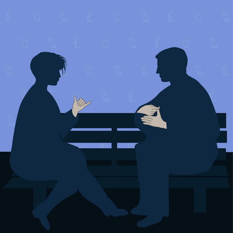 西方人,无人,两个人,病人,坐,横图,插画,室内,白天,侧面,爱情,数码,科技,椅子,欧洲,欧洲人,阴影,服装,网络,高光,几何,计算机图形,浪漫,合成,图画,注视,休闲装,画,衣服,蓝色,蓝天,天空,天,观察,看,休闲,温暖,温馨,休闲服,恩爱,手语,恋人,服饰,晴朗,观看,电脑合成图,数码合成图,和睦,察看,合成图,关注,病患,残疾,残疾人,漫画,伤残,万里无云,写实,具体,具象,残障,弱势群体,哑语,语言,交流,男人,男性,年轻男性,年轻女性,女人,女性,白种人,情侣,患者,就医者,晴空,晴空万里,沟通,坐着,彩图,全身,伴侣,融洽