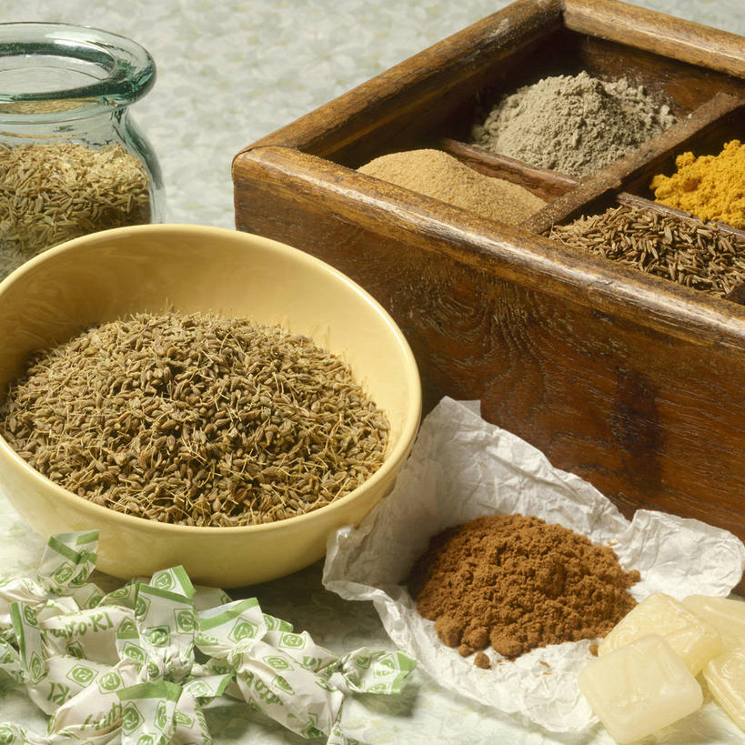 无人,竖图,方图,室内,白天,静物,餐具,药,准备,材料,食品,种子,草药,药草,图像,汤匙,碗,摄影,多样,堆,选择,茴芹,彩图,成分