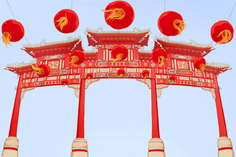 无人,横图,插画,运气,数码,科技,建筑,街道,照明,春节,吊挂,悬挂,阴影,节日,庆祝,网络,灯笼,纸灯笼,大门,文化遗产,拱门,牌楼,唐人街,高光,几何,计算机图形,挂,合成,图画,历史,文化,传统,画,红色,灯具,庆典,纪念,照亮,电脑合成图,数码合成图,合成图,照明设备,国庆,中国文化,古典风格,漫画,国庆节,写实,具体,具象,彩图,传统文化