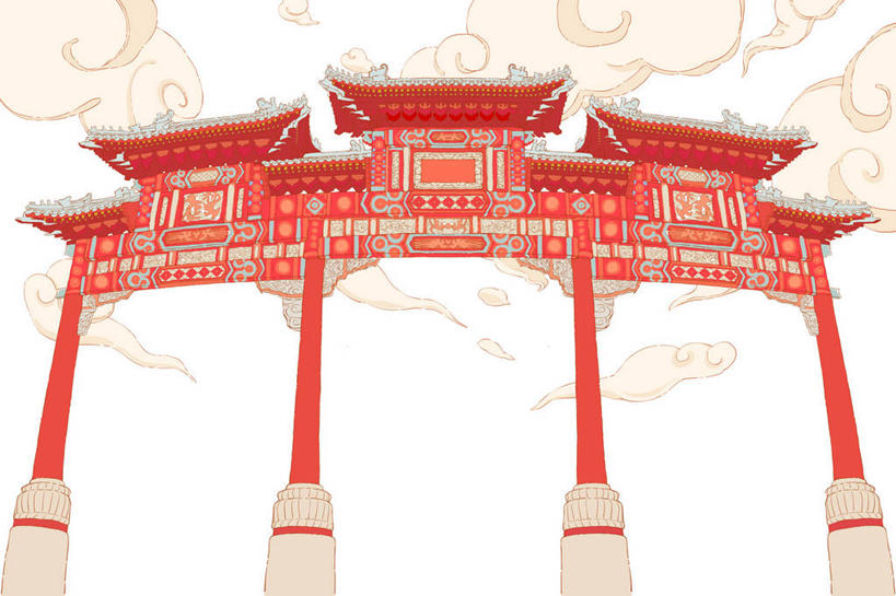 无人,横图,插画,白色背景,数码,科技,建筑,街道,阴影,网络,大门,文化遗产,拱门,牌楼,唐人街,高光,几何,计算机图形,宏伟,合成,图画,历史,传统,画,祥云,红色,电脑合成图,数码合成图,合成图,中国文化,古典风格,漫画,写实,具体,具象,彩图,传统文化